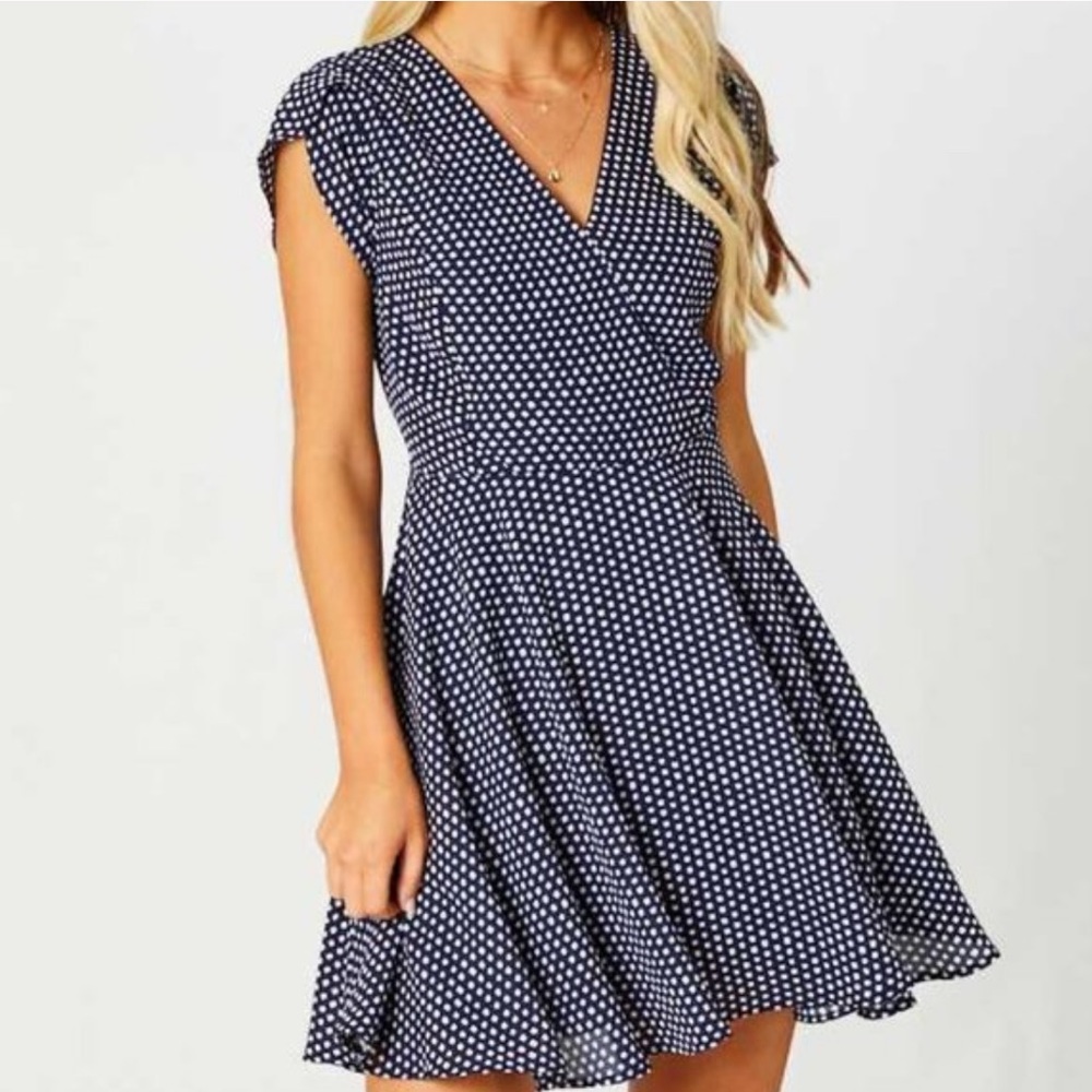 Altar’d State Navy Blue Polka Dot Sweetheart Flare Dress - Picture 8 of 11